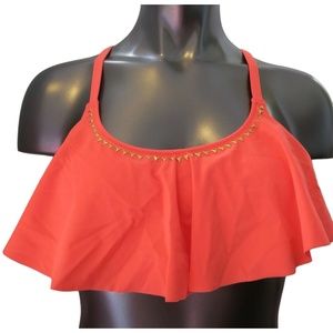 Victoria's Secret PINK Neon Orange w/ Studs Strappy Back Flounce Bikini Top S